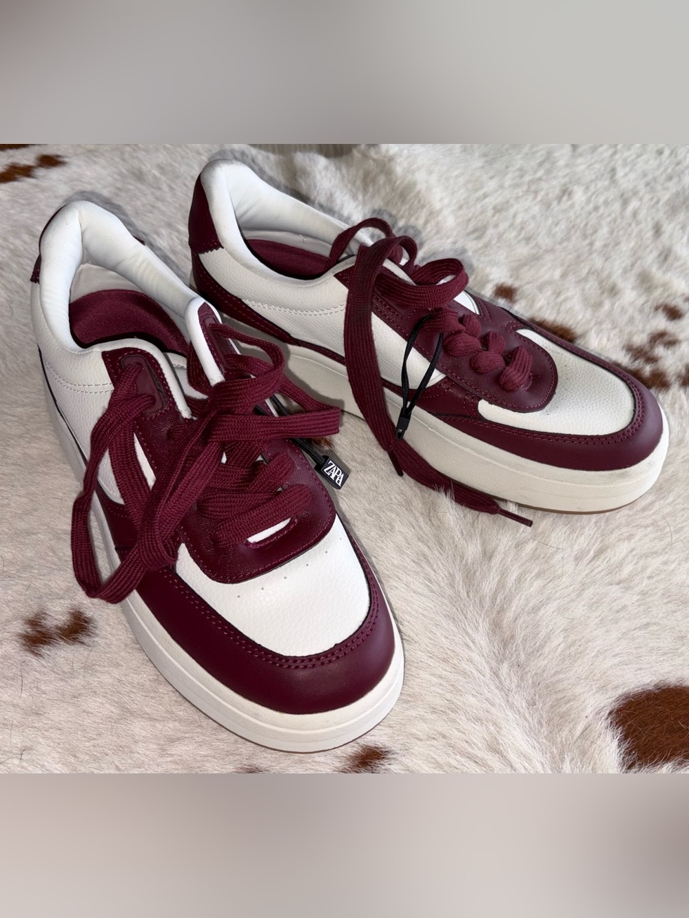 ZARA White and Burgundy Women’s Leather Platform Sneakers sz 39 - Picture 2 of 4